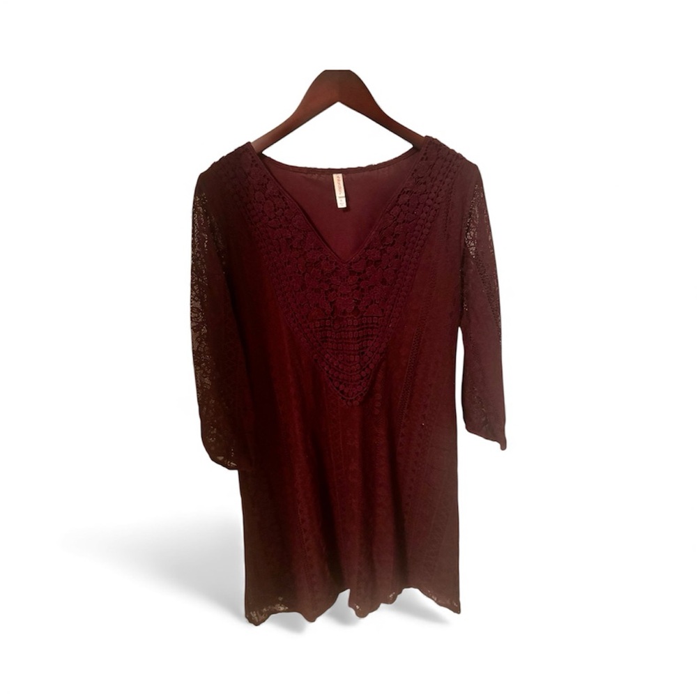 Lace Dress Women’s Long Sleeve Knee Length Lace Dress, Burgundy, XL Xhilaration